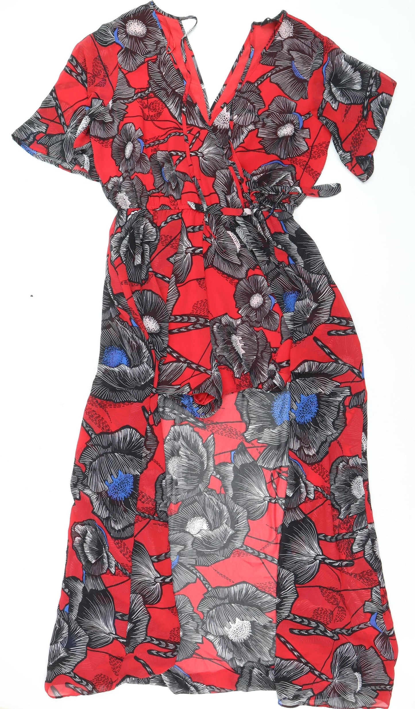 New Look Women’s Red Floral V-Neck Wrap Maxi Dress Size 14
