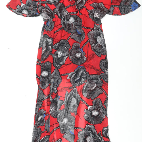 New Look Women’s Red Floral V-Neck Wrap Maxi Dress Size 14