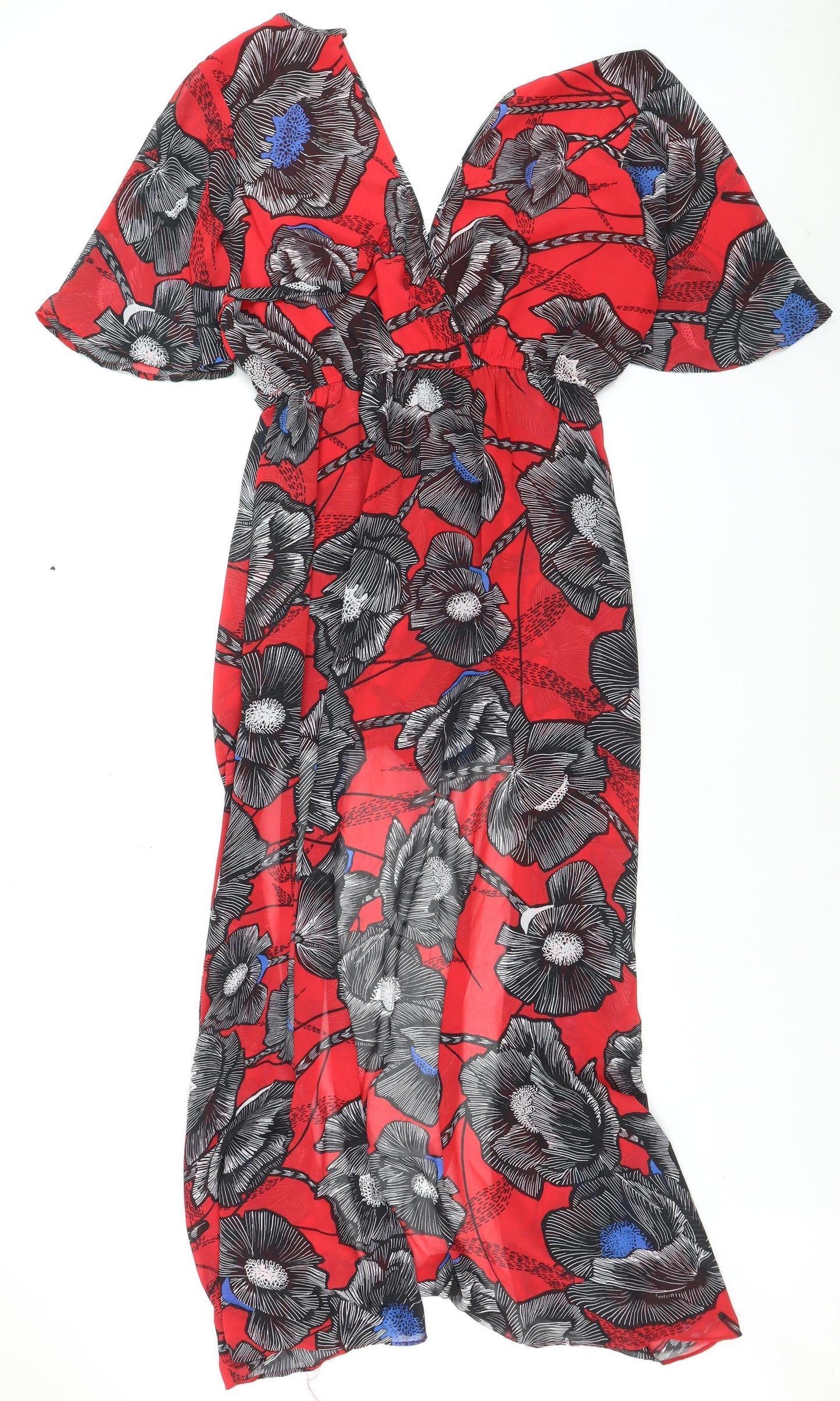 New Look Women’s Red Floral V-Neck Wrap Maxi Dress Size 14