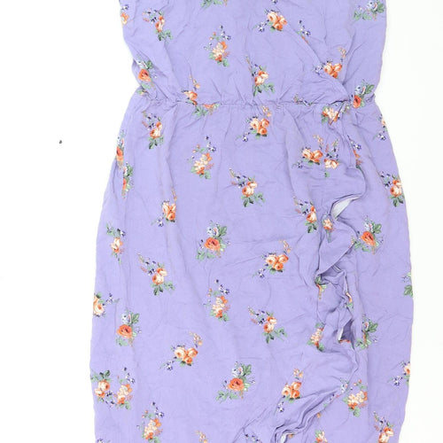 Oasis Women Purple Floral Midi Wrap Dress Size 12 V-Neck Ruffle Summer