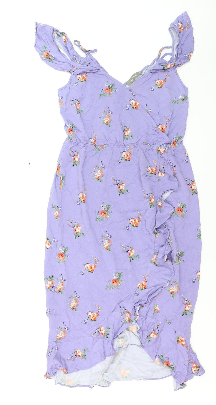 Oasis Women Purple Floral Midi Wrap Dress Size 12 V-Neck Ruffle Summer