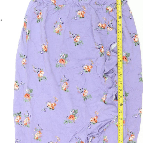 Oasis Women Purple Floral Midi Wrap Dress Size 12 V-Neck Ruffle Summer