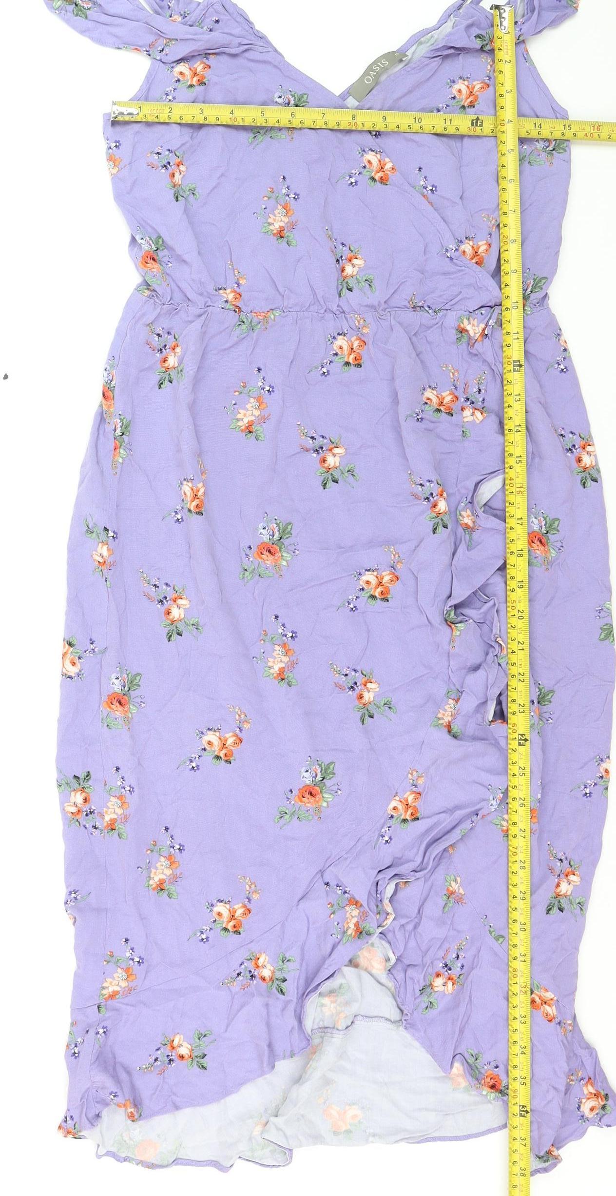 Oasis Women Purple Floral Midi Wrap Dress Size 12 V-Neck Ruffle Summer