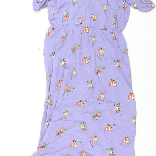 Oasis Women Purple Floral Midi Wrap Dress Size 12 V-Neck Ruffle Summer