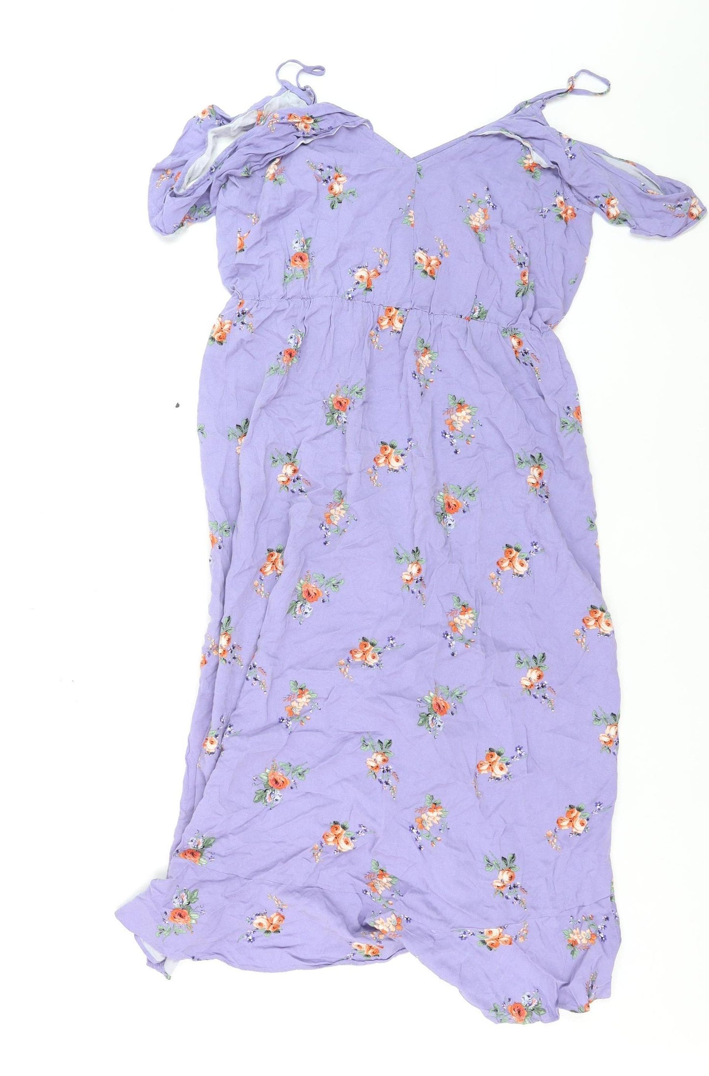 Oasis Women Purple Floral Midi Wrap Dress Size 12 V-Neck Ruffle Summer