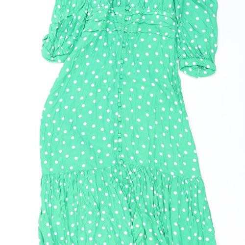 Zara Women Green Polka Dot Midi Fit & Flare Dress S