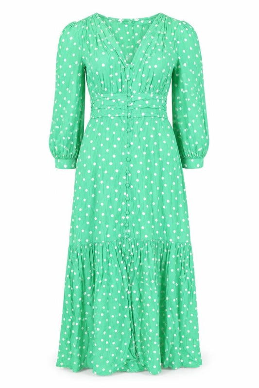 Front view of Zara Women Green Polka Dot Midi Fit & Flare Dress S