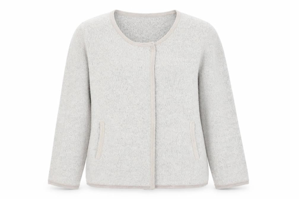 Front view of Gallery women’s beige wool blend long sleeve cardigan uk l