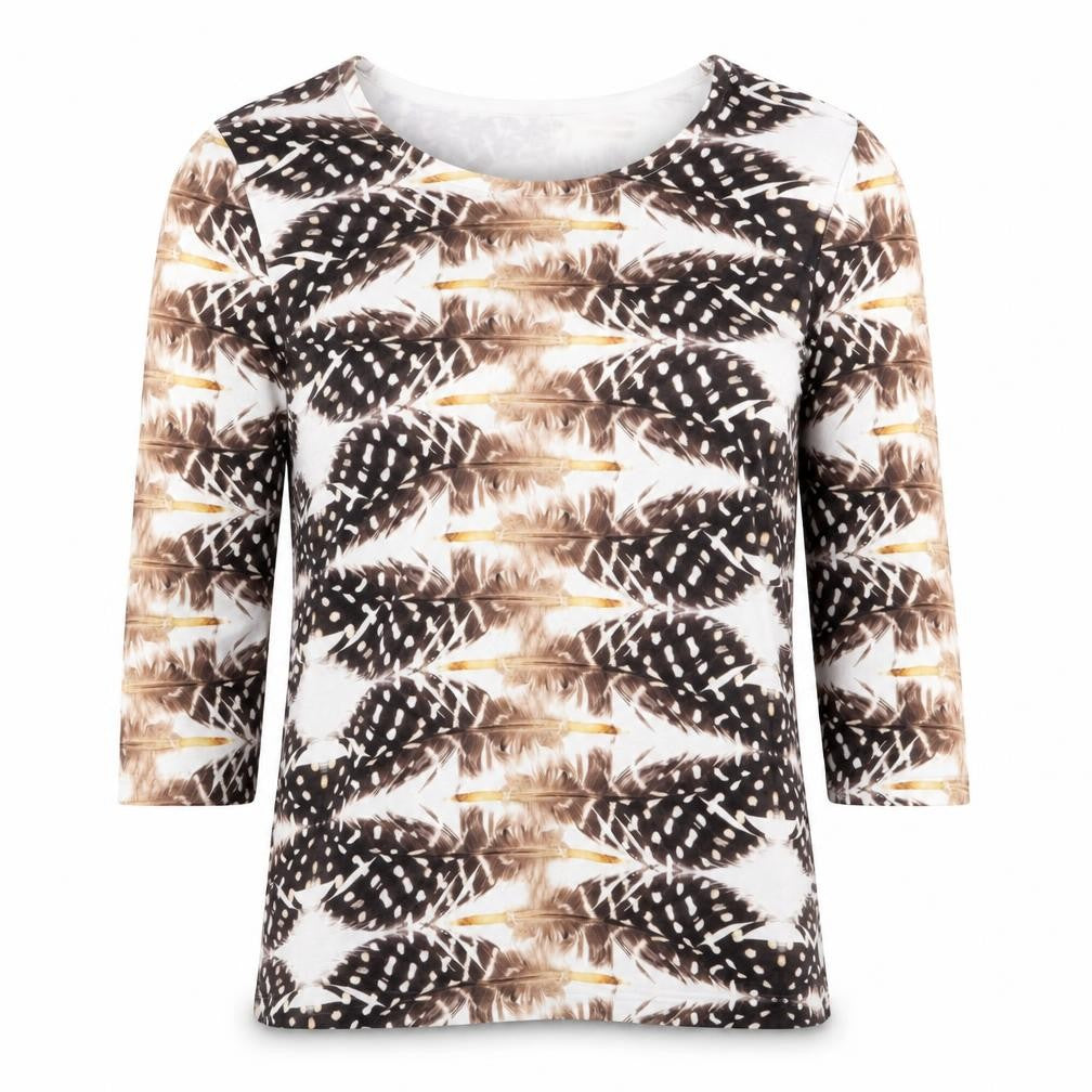 Front view of Paco Boutique women’s multicoloured feather print jumper, size UK 12