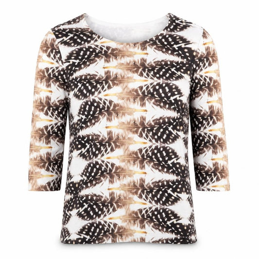 Front view of Paco Boutique women’s multicoloured feather print jumper, size UK 12