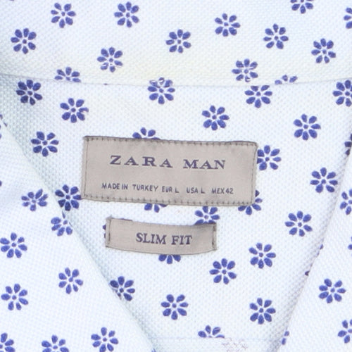 Zara Unisex White Floral Slim Fit Long Sleeve Button-Up Shirt L