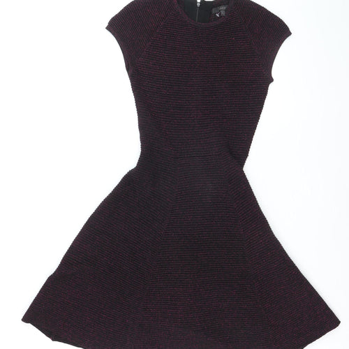 Coast Women Black & Purple Fit & Flare Short Sleeve Knit Dress UK 10