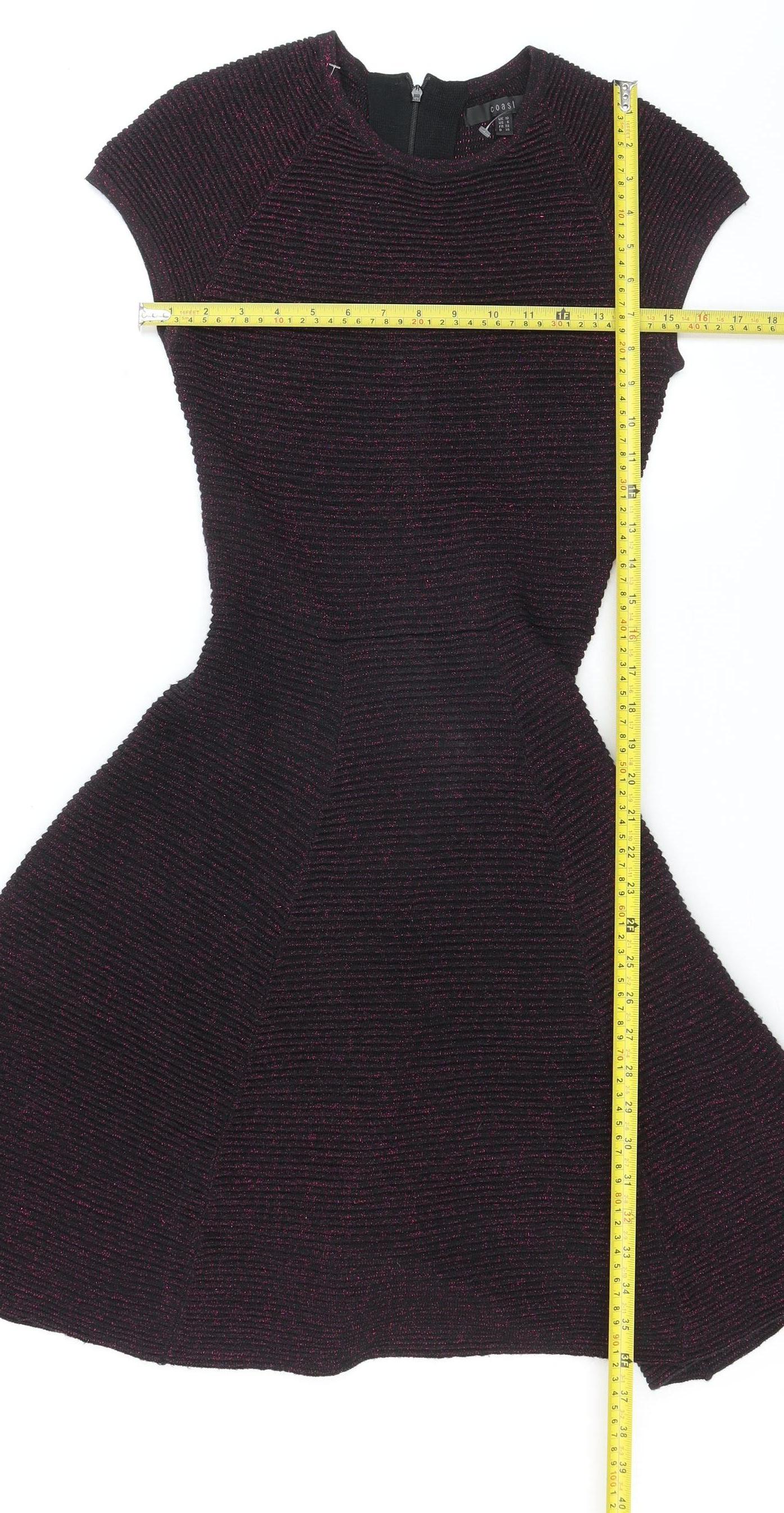 Coast Women Black & Purple Fit & Flare Short Sleeve Knit Dress UK 10