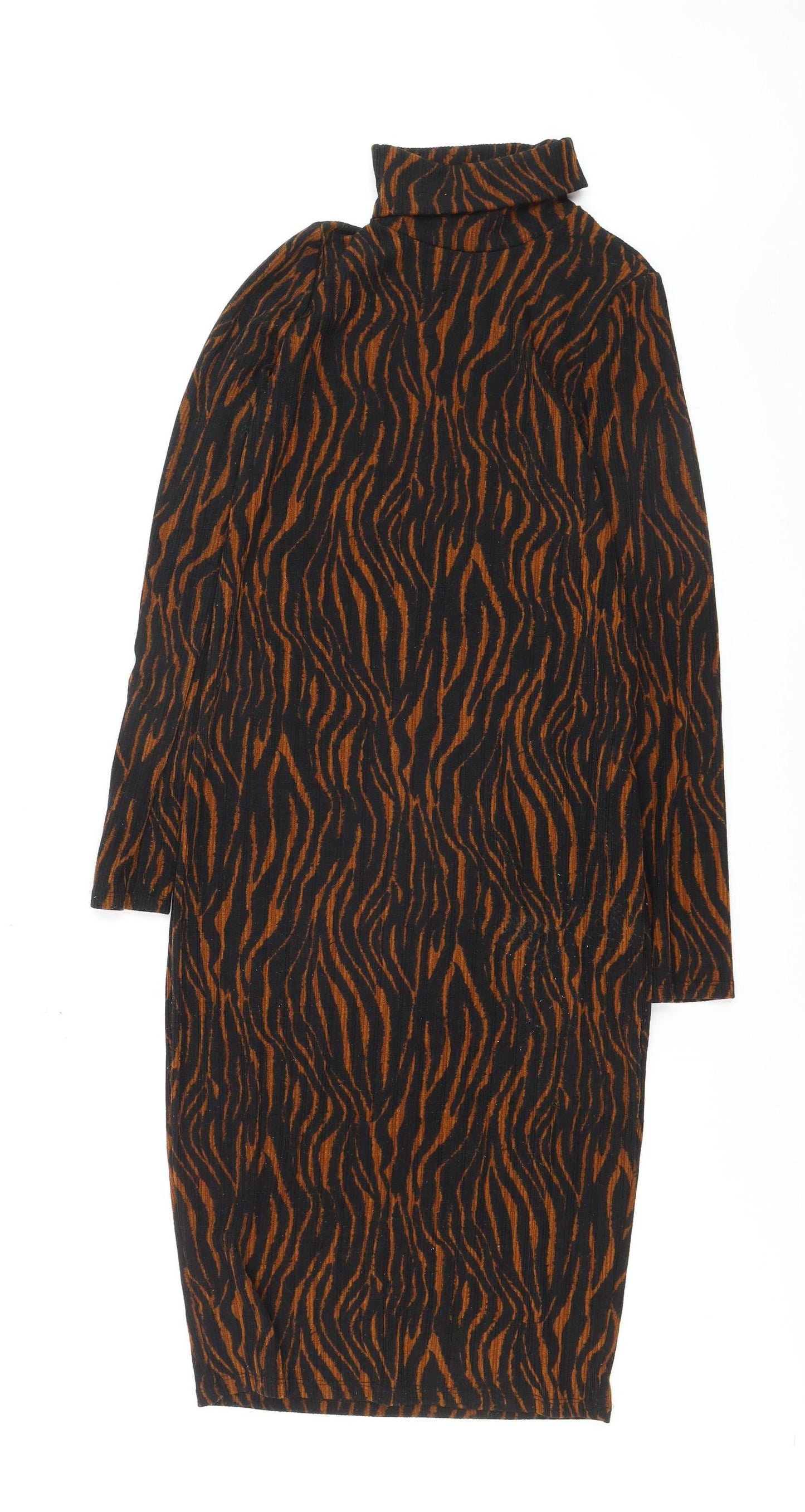 Zara Women Brown Animal Print Bodycon Knit Roll Neck Dress Size S