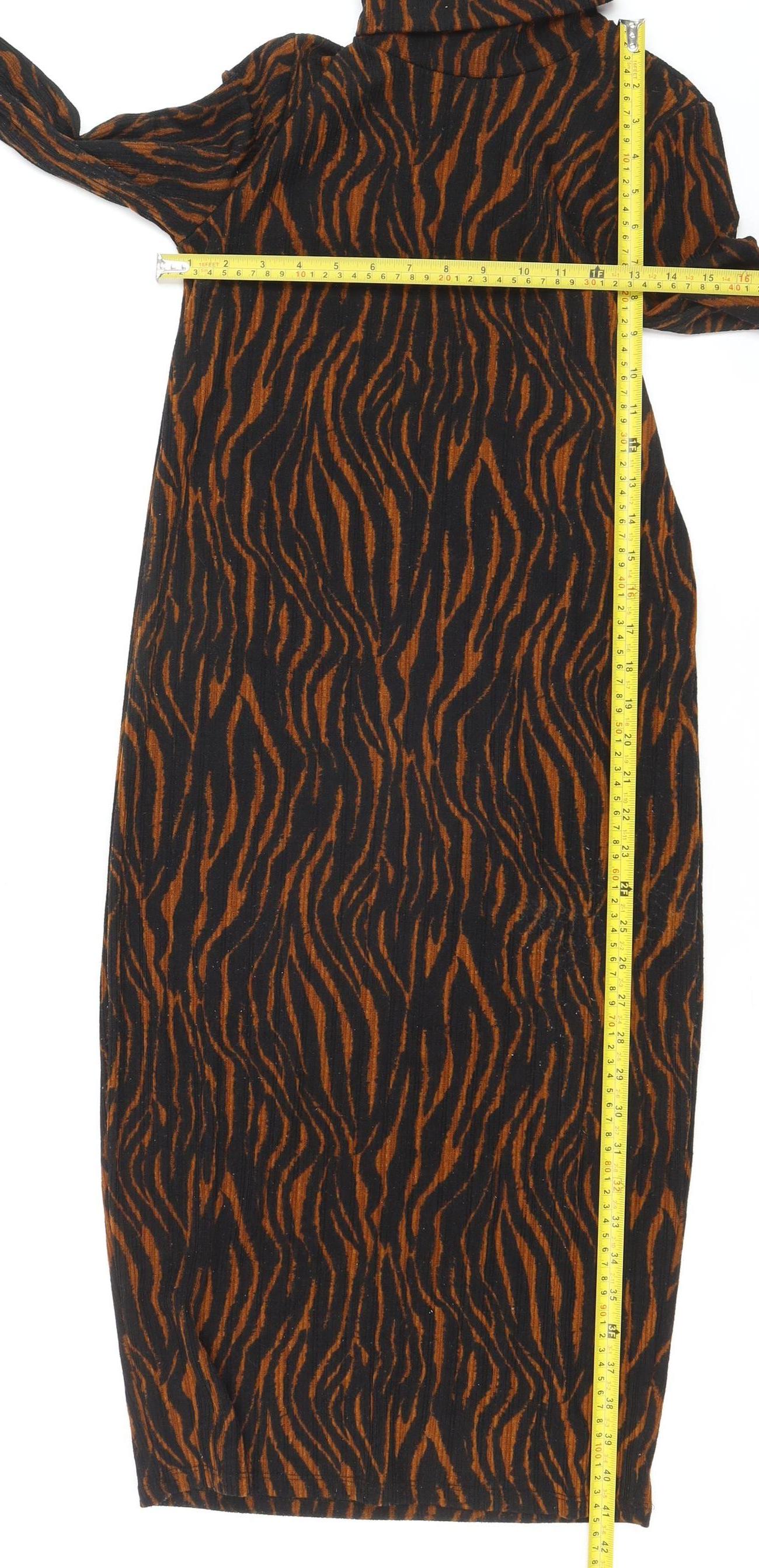 Zara Women Brown Animal Print Bodycon Knit Roll Neck Dress Size S