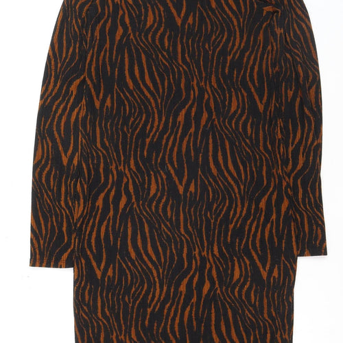 Zara Women Brown Animal Print Bodycon Knit Roll Neck Dress Size S