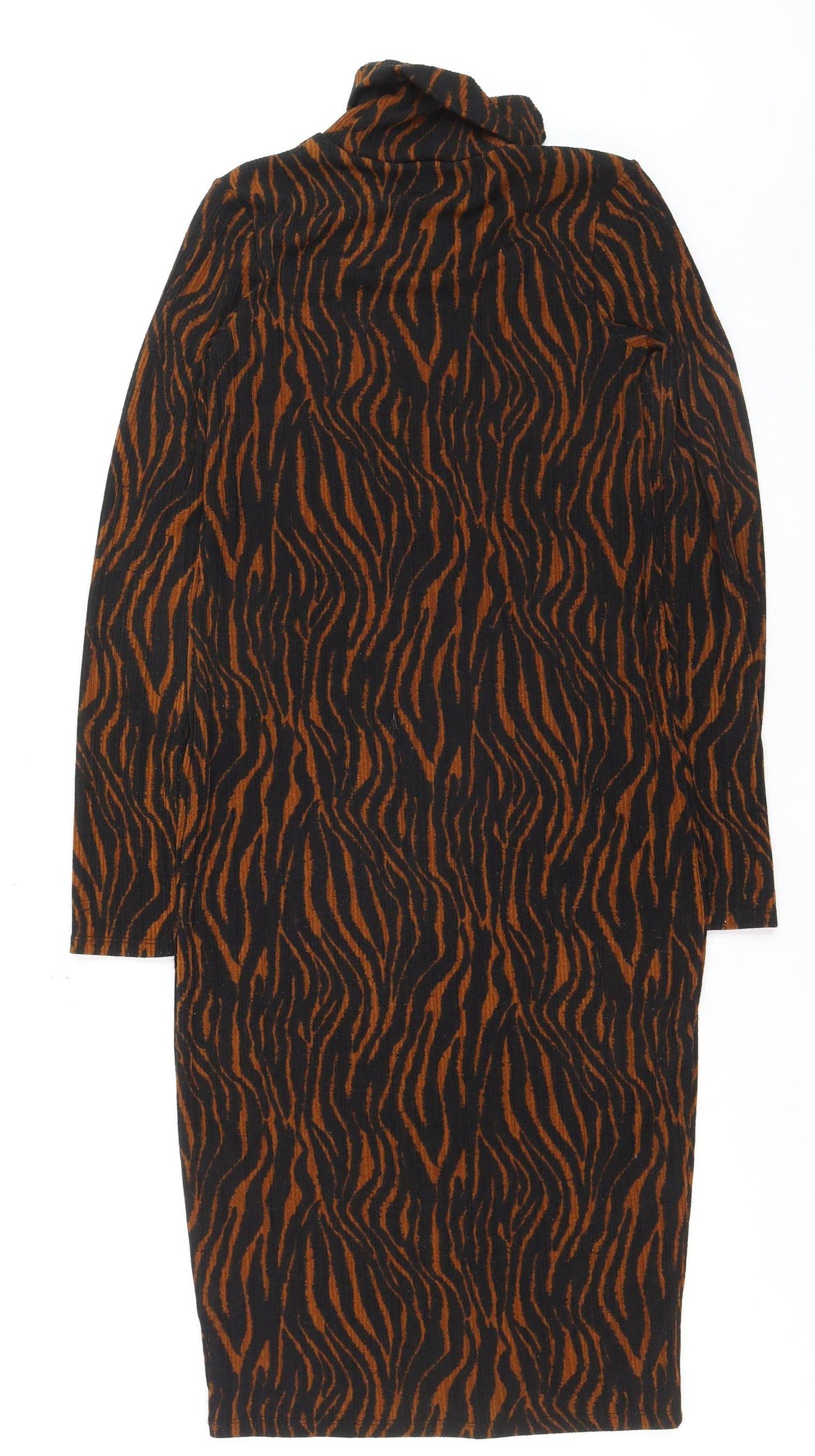 Zara Women Brown Animal Print Bodycon Knit Roll Neck Dress Size S