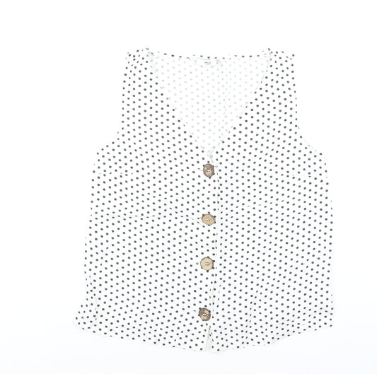 Mango Women White Polka Dot Sleeveless Button-Up Blouse Size 8
