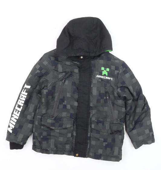 Minecraft Boys Grey Hooded Puffer Jacket 7-8 Years Camouflage Logo Winter Coat