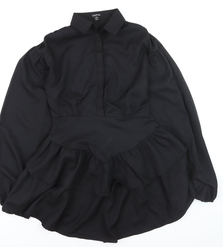 Boohoo Women’s Black Long Sleeve Ruffle Shirt Dress UK 10