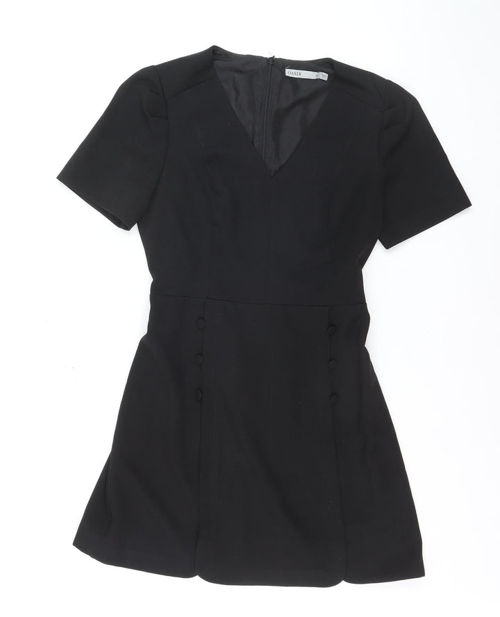 Oasis Women Black Short Sleeve V-Neck Shift Dress Size 12