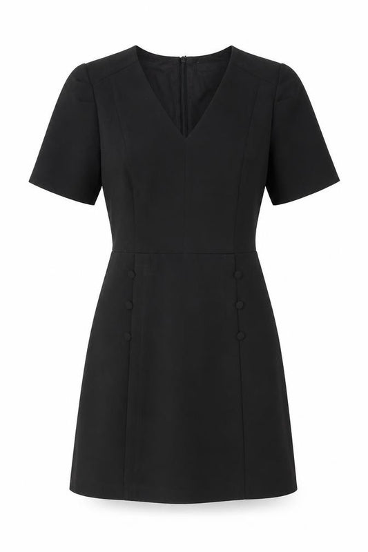 Front view of Oasis Women Black Short Sleeve V-Neck Shift Dress, size 12