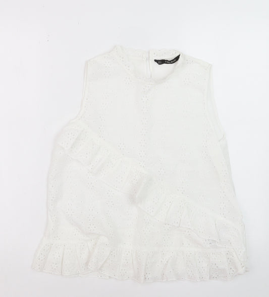 Zara Women White Sleeveless Lace Ruffle Blouse Size S