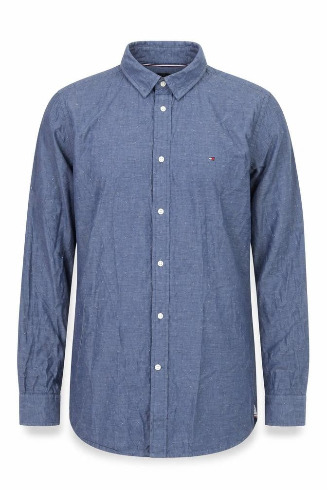 Front view of Tommy Hilfiger Men's Blue Slim Fit Button-Down Long Sleeve Shirt, size M