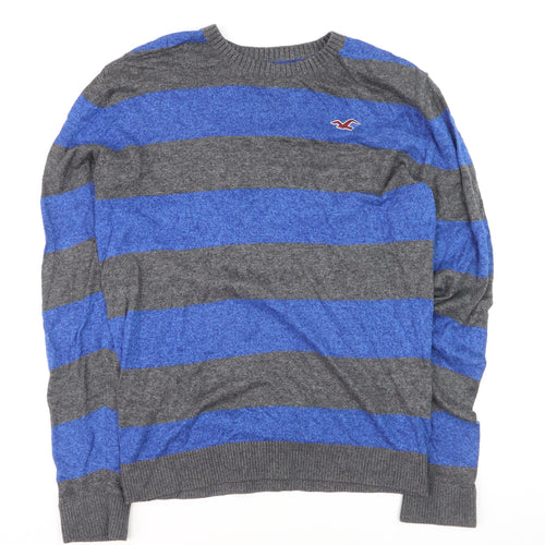 Hollister Men’s Blue Grey Striped Crew Neck Pullover Jumper M