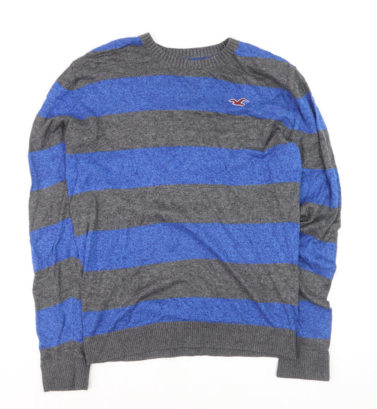 Hollister Men’s Blue Grey Striped Crew Neck Pullover Jumper M