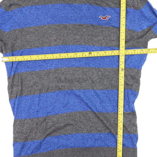 Hollister Men’s Blue Grey Striped Crew Neck Pullover Jumper M