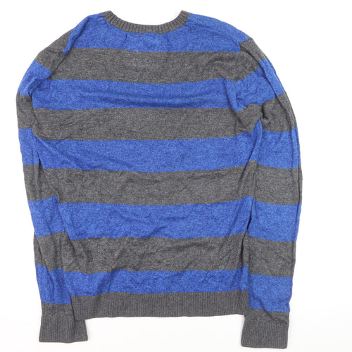 Hollister Men’s Blue Grey Striped Crew Neck Pullover Jumper M