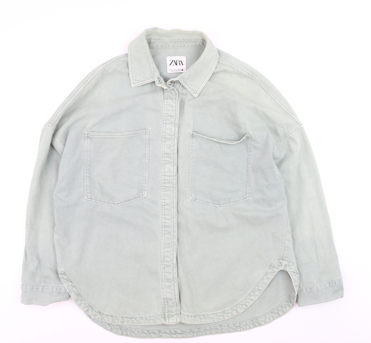 ZARA Men's Green Cotton Long Sleeve Button-Up Shirt L