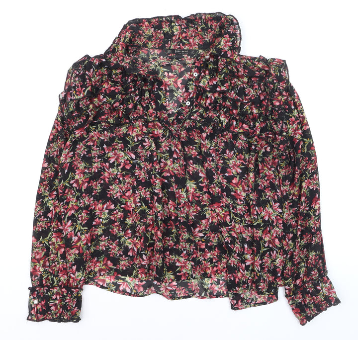 Zara Women Tunic Floral Chiffon Ruffle Blouse Multicoloured M