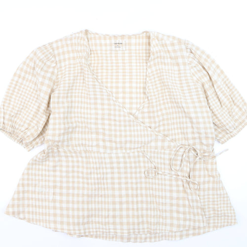 Marks and Spencer Women Beige Check Linen Blend Wrap Blouse Size 18