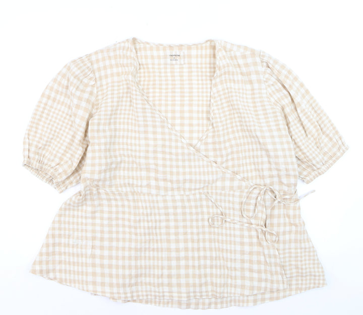 Marks and Spencer Women Beige Check Linen Blend Wrap Blouse Size 18