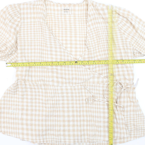 Marks and Spencer Women Beige Check Linen Blend Wrap Blouse Size 18