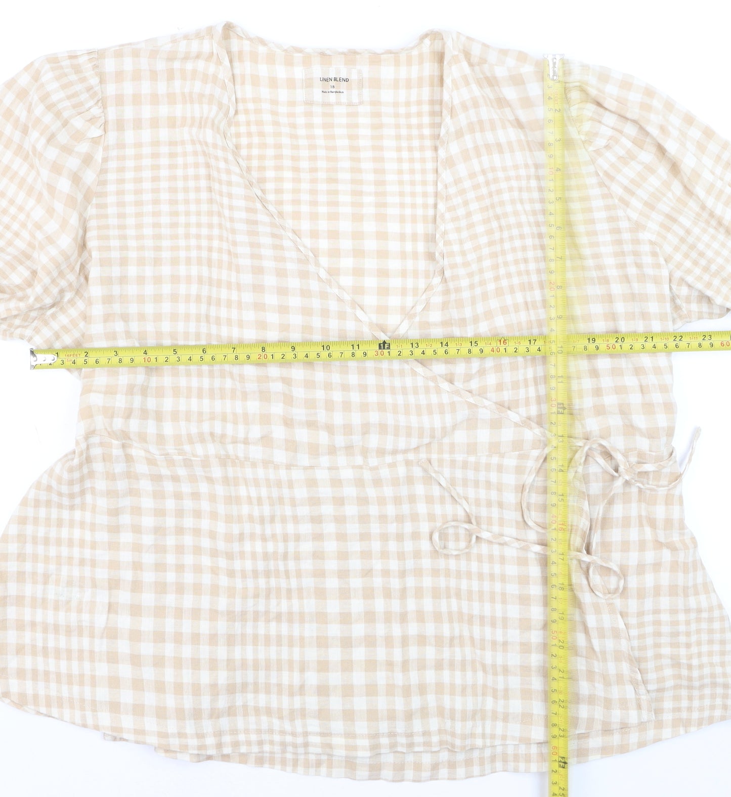 Marks and Spencer Women Beige Check Linen Blend Wrap Blouse Size 18