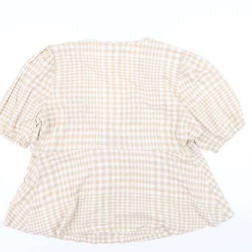 Marks and Spencer Women Beige Check Linen Blend Wrap Blouse Size 18