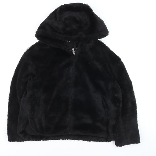Zara Women's Black Faux Fur Hooded Zip Jacket Size 8