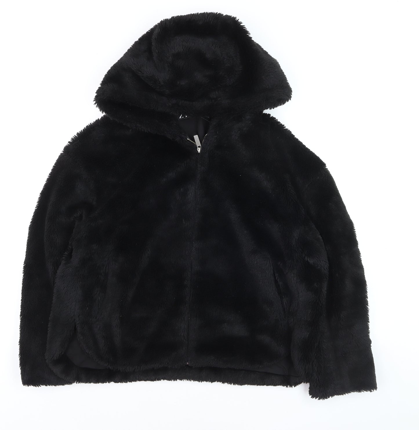 Zara Women's Black Faux Fur Hooded Zip Jacket Size 8