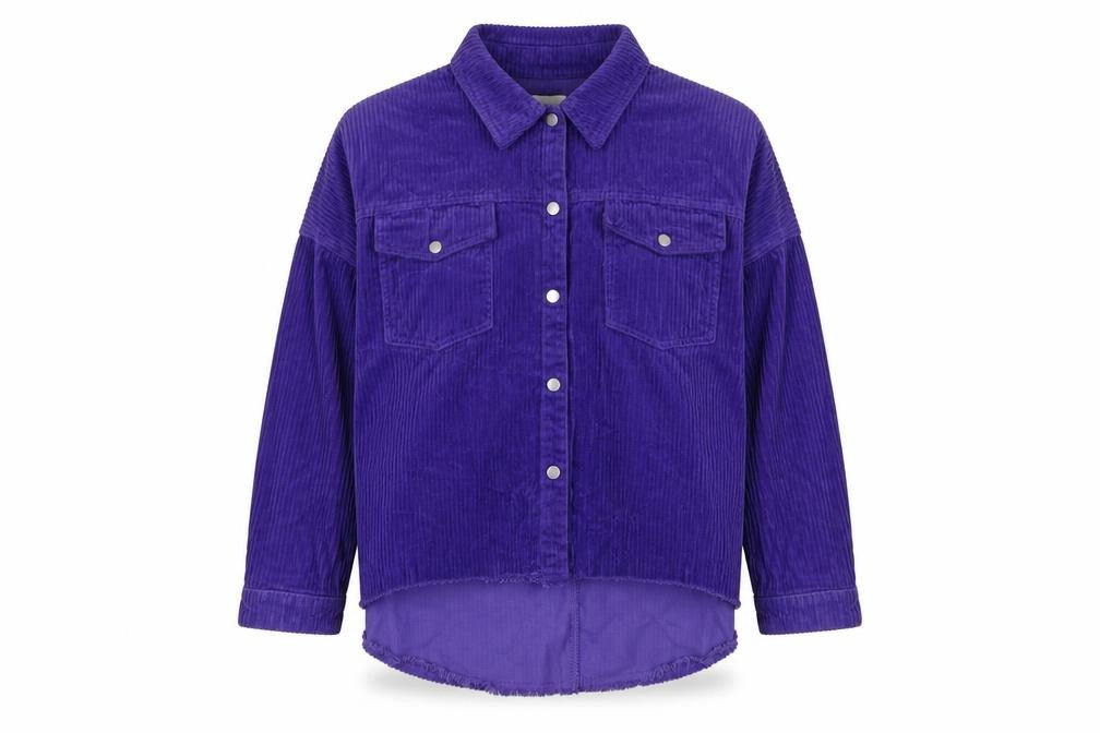 Front view of Zara Women's Purple Corduroy Button-Up Shirt, size 12