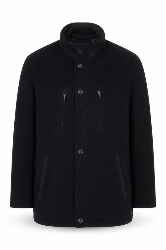 Front view of Jupiter Men's Black Mid-Length Polyester Overcoat, size 54, (44in)