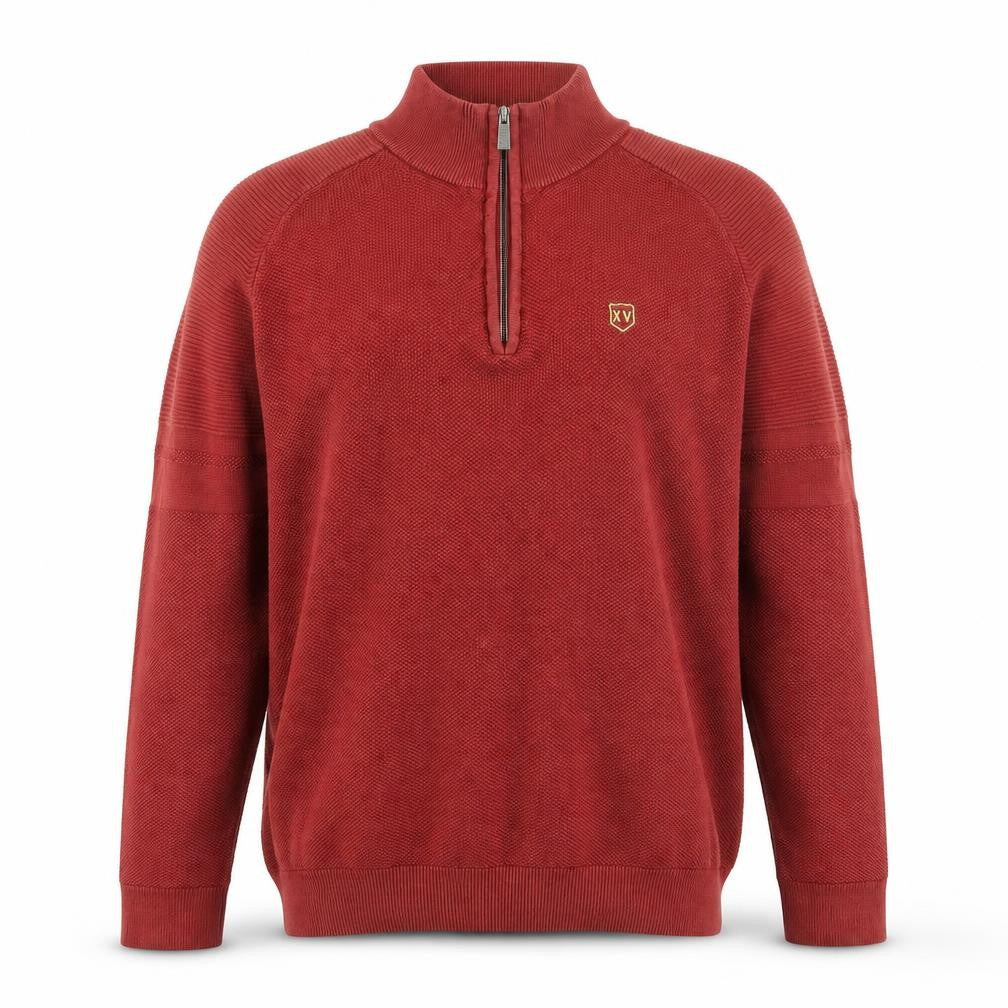 Front view of XV Kings Men's Red Cotton 1/2 Zip Knit Sweatshirt M