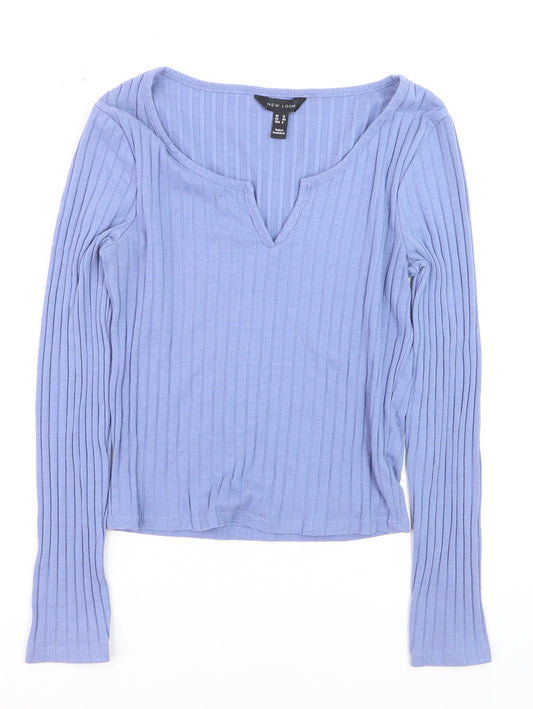 New Look Women's Blue Ribbed V-Neck Long Sleeve Jumper Size 12