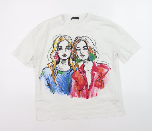 Zara Women White Graphic Art T-Shirt Size 12 Short Sleeve Cotton
