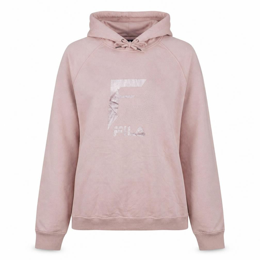 Front view of Fila women’s pink xl pullover hoodie sweatshirt with metallic logo