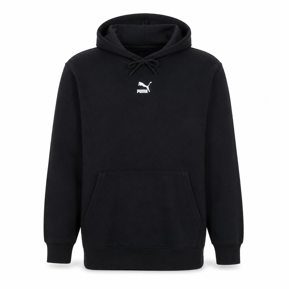 Front view of Puma men’s black pullover hoodie small logo fleece sweatshirt