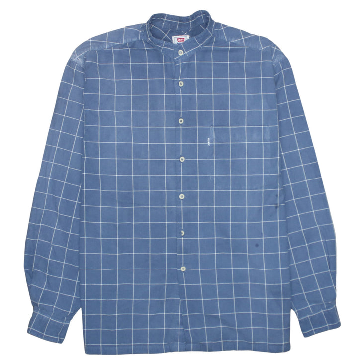 Levi's Men's Blue Check Band Collar Cotton Long Sleeve Shirt XL