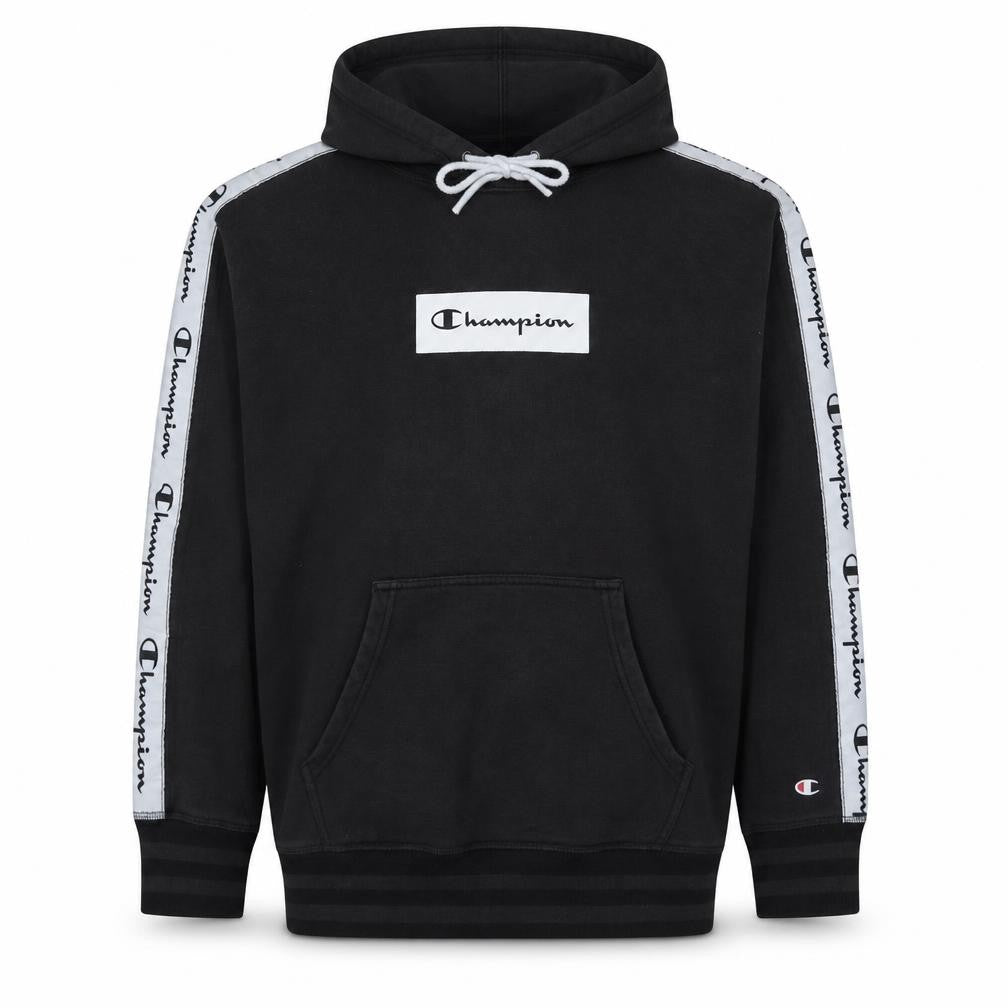 Front view of Champion Men’s Black Pullover Hoodie Medium Logo Tape Fleece